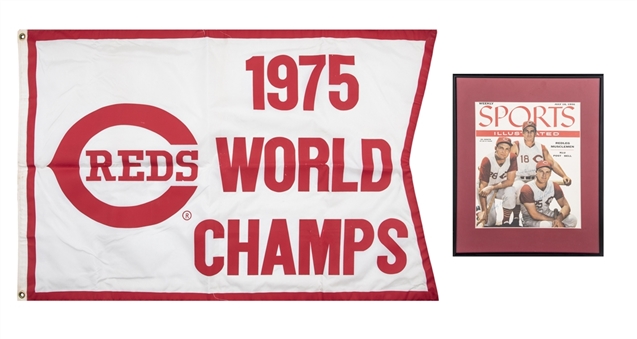 1975 Cincinnati Reds World Series Champions Flag 47" x 29.5" Hung in Riverfront Stadium with Triple Signed 1956 Sports Illustrated (JSA)